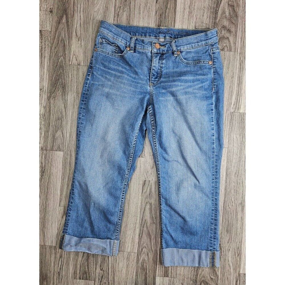 New York & Company Size 6 Cropped Cuffed Embroidered Skinny Blue Jeans